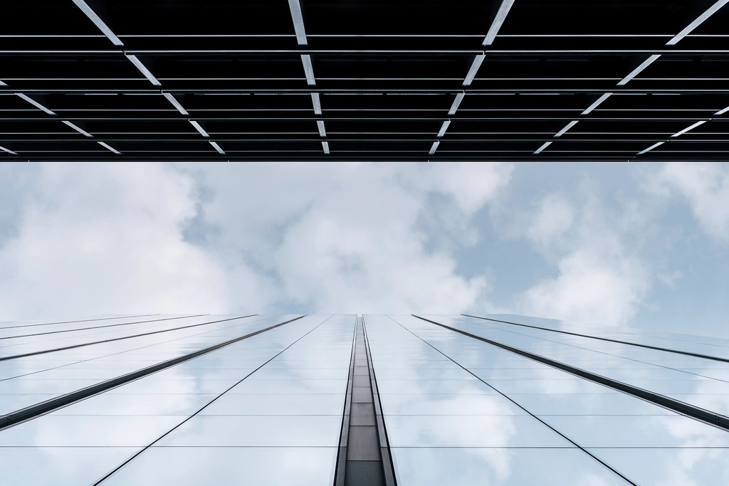 Glass units stacked floor by floor on a tower