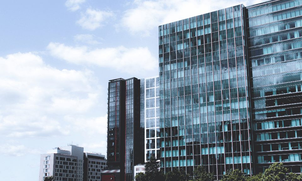 Glass office tower with a unitized facade