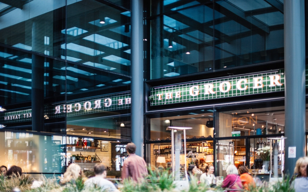 Glass storefront grocery entrance