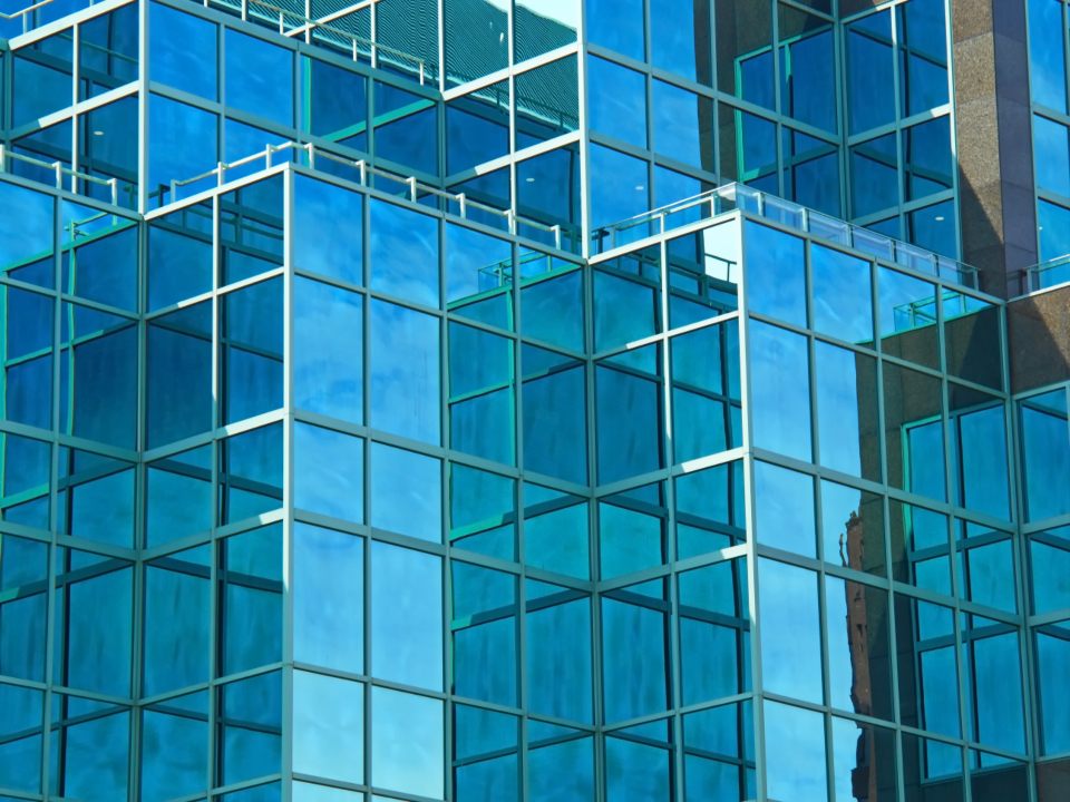 Glass and aluminum framing close up