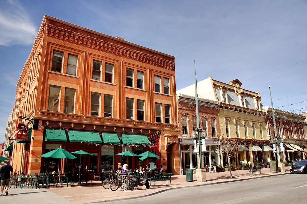 Historic storefront buildings on a Denver street