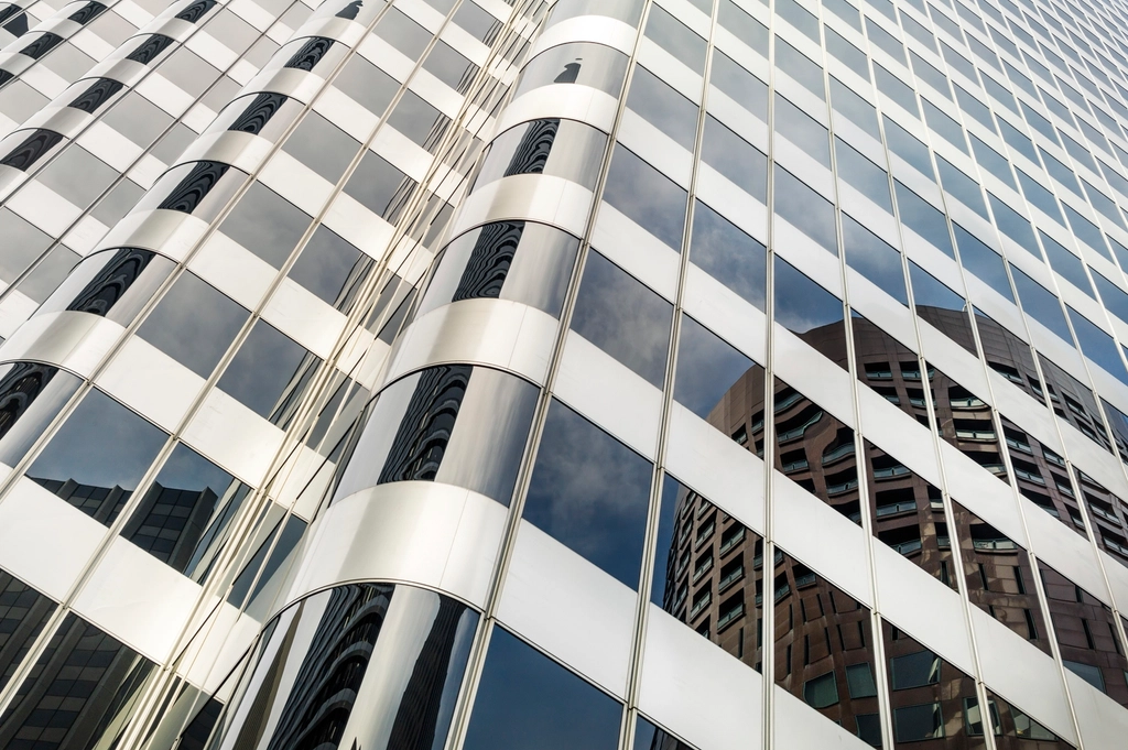 Aluminum frames and insulated glass on a commercial facade